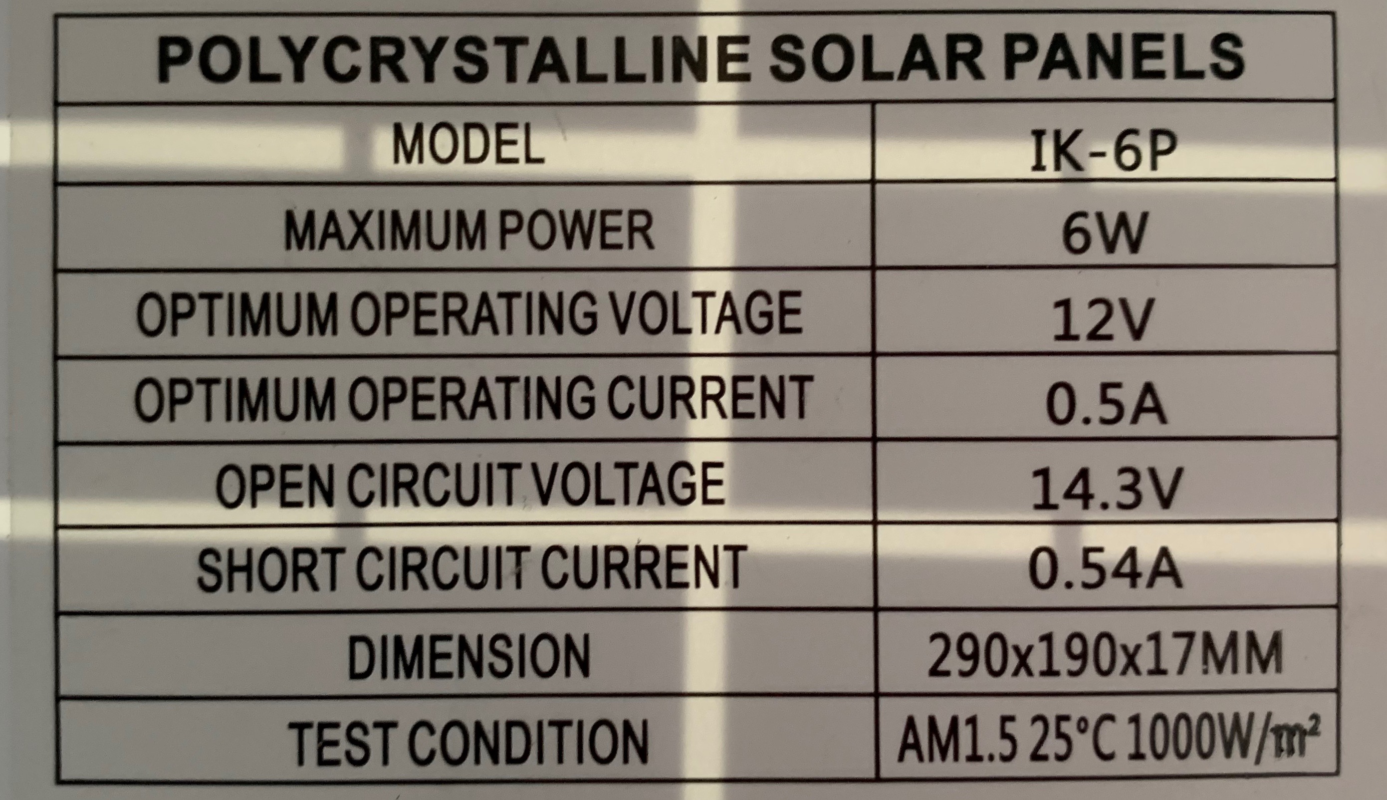 Solar panel specifications label